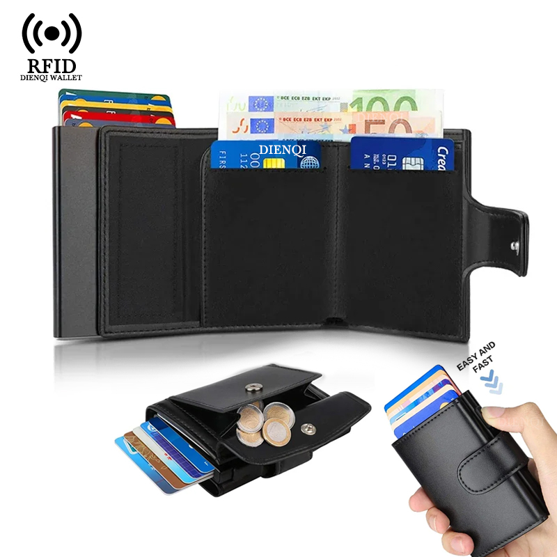 Card Top Loader - メタル名刺入れ RFIDクレジットカードホルダー ブラック三つ折り財布 ハスプ付き 小銭入れ メンズ財布