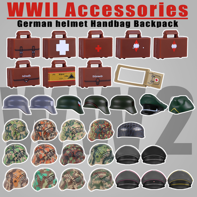 Lego Minifigure Holder - WW2 軍事戦争陸軍シリーズアクセサリービルディングブロック兵士フィギュアヘルメット役員戦士医療バッグ歩兵レンガのおもちゃ